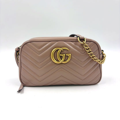 Gucci GG Marmont Quilted Small Chain Leather Beige Shoulder Bag Gold