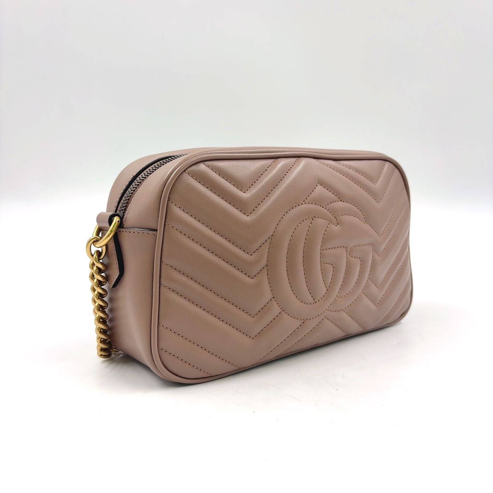 Gucci GG Marmont Quilted Small Chain Leather Beige Shoulder Bag Gold — view 2