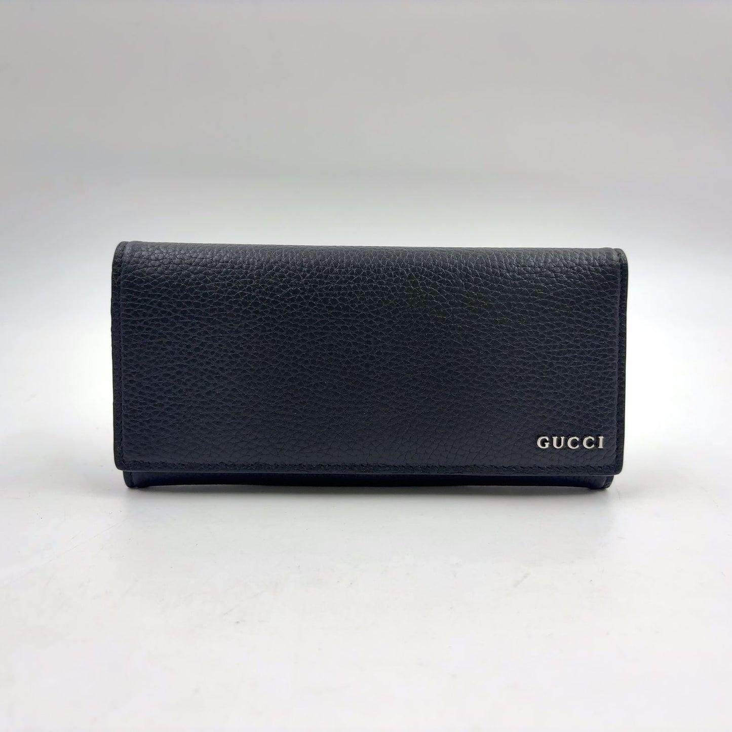 Gucci Metal Logo Bifold Leather Black Wallet Silver
