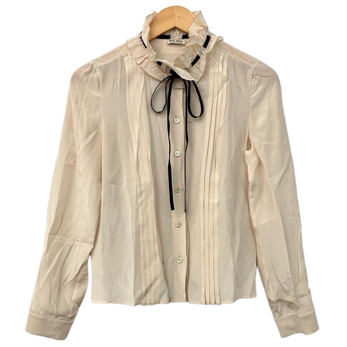 Miu Miu Long Sleeve Shirt Blouse 36 S Light Pink Ribbon Front Tuck Silk