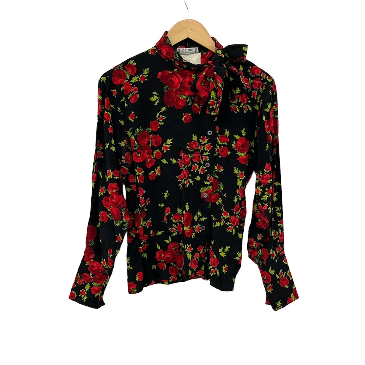 Celine Long Sleeve Shirt Blouse Black Red Light Green Floral Pattern