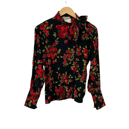 Celine Long Sleeve Shirt Blouse Black Red Light Green Floral Pattern