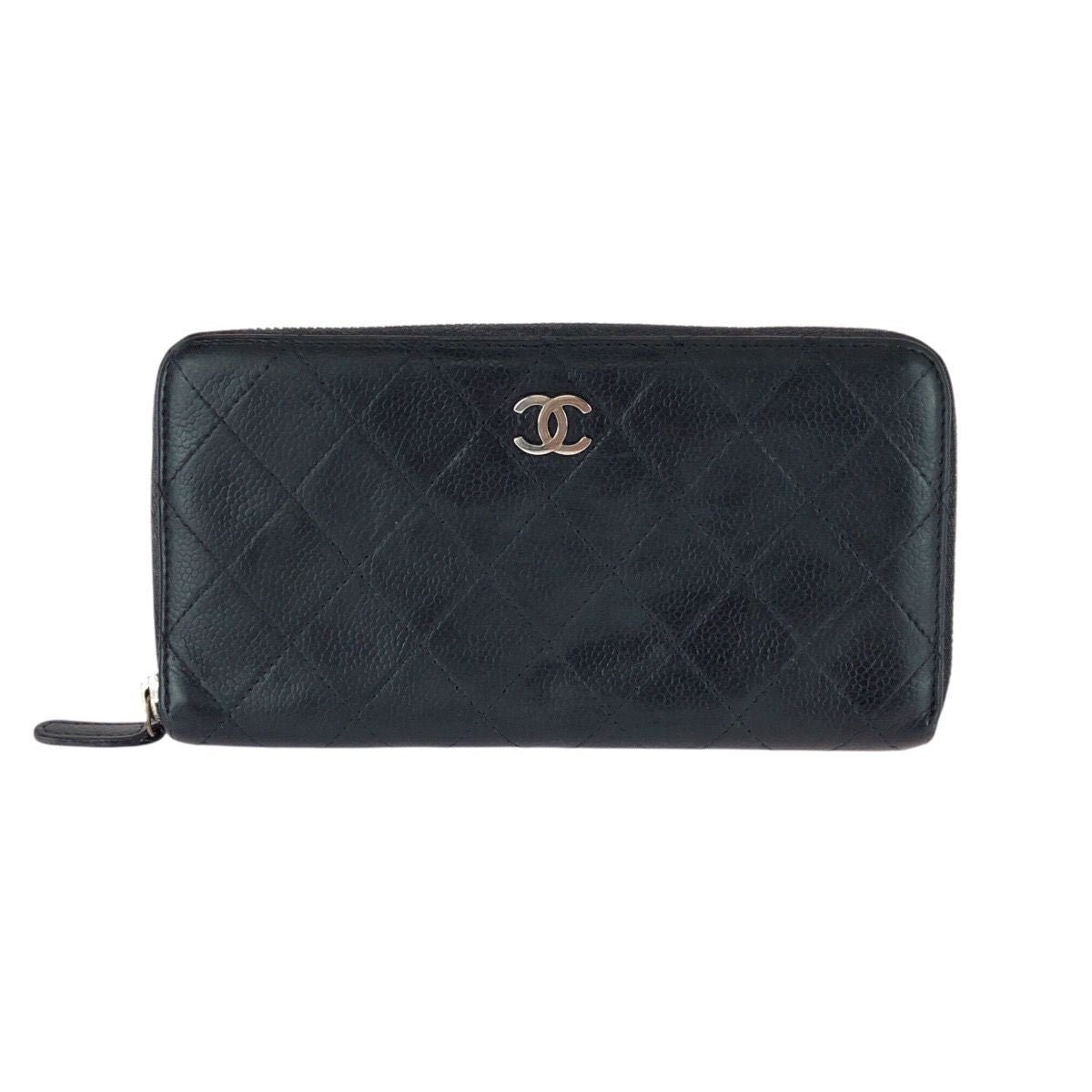 Chanel CC Logo Black Silver Caviar Leather Wallet Zip Around