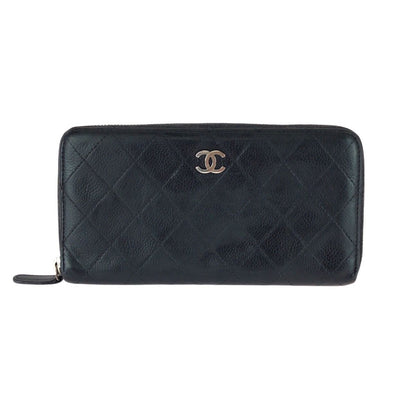 Chanel CC Logo Black Silver Caviar Leather Wallet Zip Around