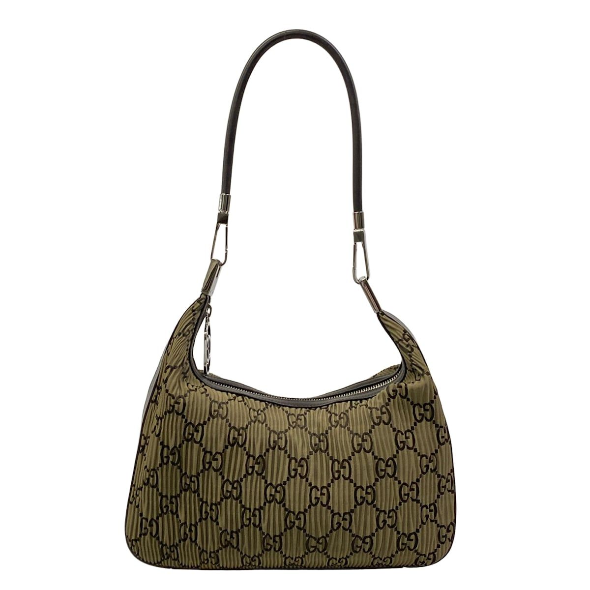 Gucci Shoulder Bag GG Pattern Gray Joux Dark Brown Pleated Leather