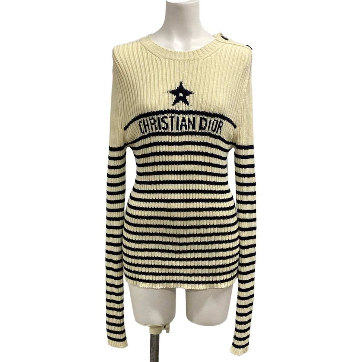 Dior Long Sleeve Sweater Ivory Dark Navy Crew Neck Border