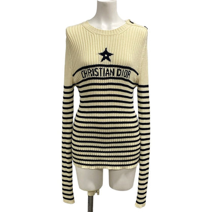 Dior Long Sleeve Sweater Ivory Dark Navy Crew Neck Border