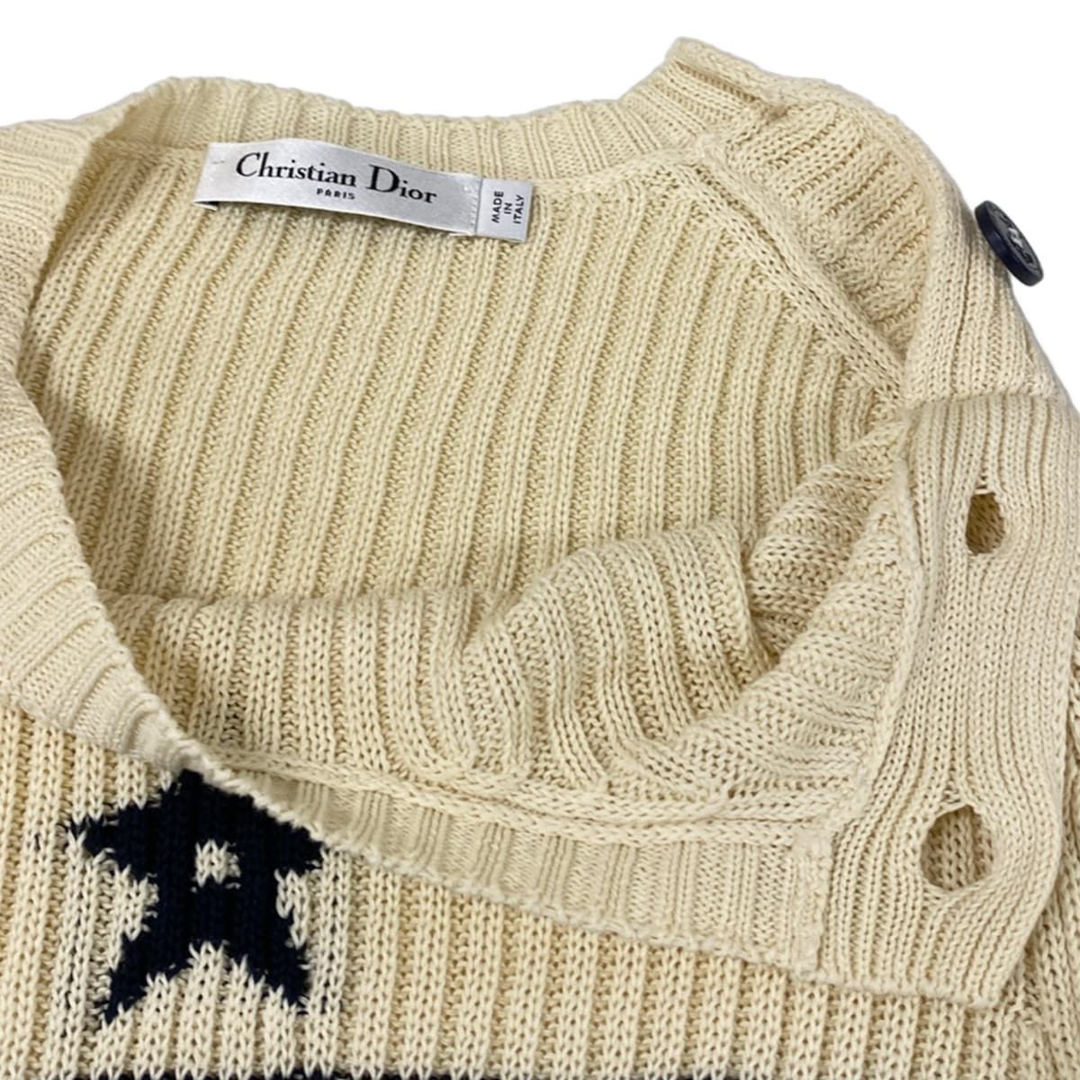Dior Long Sleeve Sweater Ivory Dark Navy Crew Neck Border — view 8