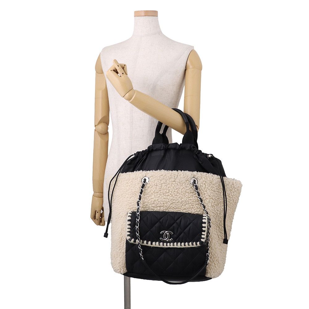 Chanel Tote Quilted CC Logo Fleece Drawstring Shearling Nylon 2-Way — view 4