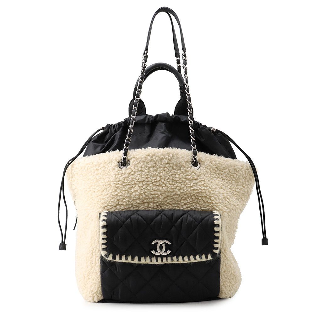 Chanel Tote Quilted CC Logo Fleece Drawstring Shearling Nylon 2-Way