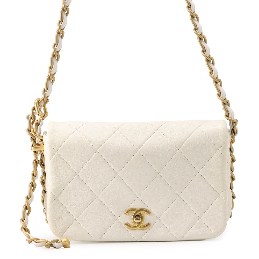 Chanel Chain Shoulder Bag Quilted CC Logo Lambskin White