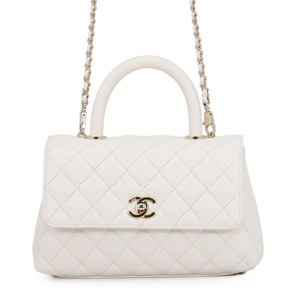 Chanel Quilted CC Logo Coco Handle Caviar Leather 2-Way Shoulder Bag White