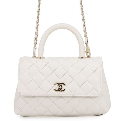 Chanel Quilted CC Logo Coco Handle Caviar Leather 2-Way Shoulder Bag White