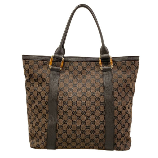 Gucci Tote GG Pattern Bamboo Dark Brown Black Leather
