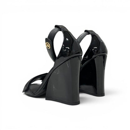 Louis Vuitton Line Sandals Leather Patent Black Gold LV Logo Velcrostrap — view 4