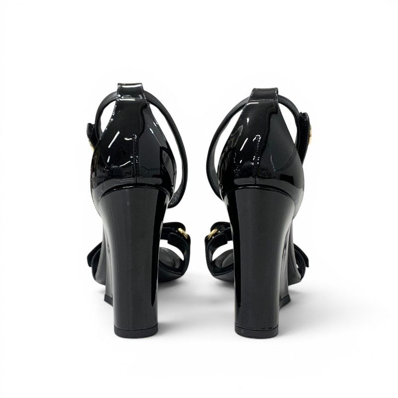 Louis Vuitton Line Sandals Leather Patent Black Gold LV Logo Velcrostrap — view 5