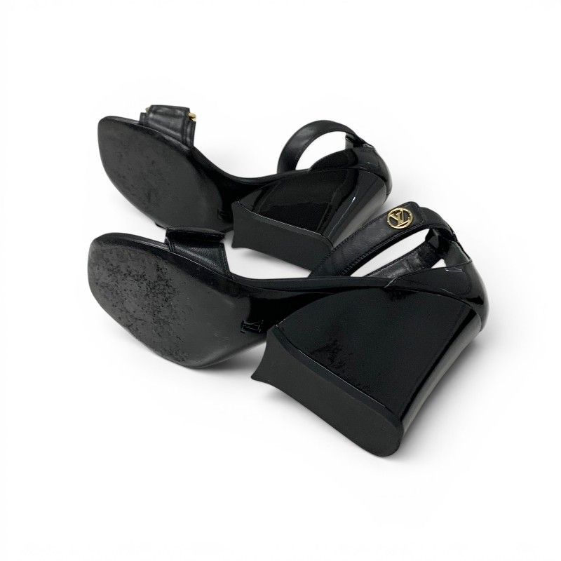 Louis Vuitton Line Sandals Leather Patent Black Gold LV Logo Velcrostrap — view 6