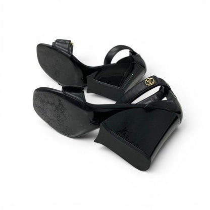 Louis Vuitton Line Sandals Leather Patent Black Gold LV Logo Velcrostrap — view 6