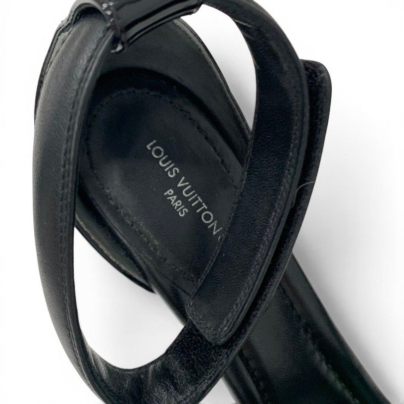 Louis Vuitton Line Sandals Leather Patent Black Gold LV Logo Velcrostrap — view 7