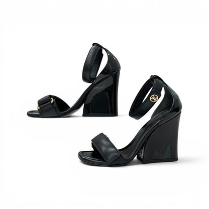 Louis Vuitton Line Sandals Leather Patent Black Gold LV Logo Velcrostrap — view 3