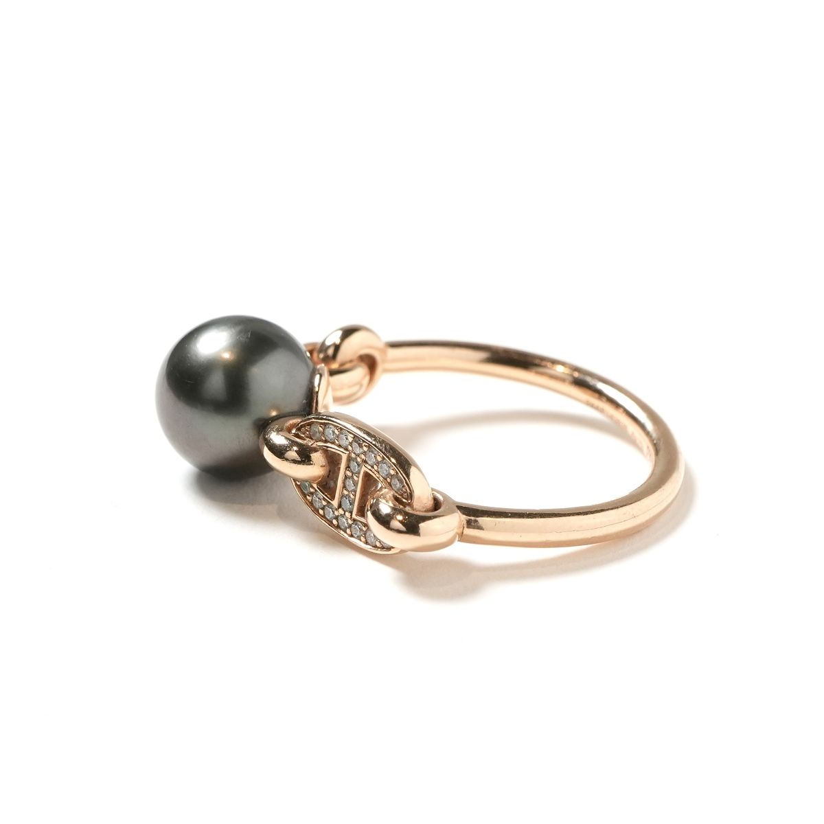Hermes Chaine D'Ancre Pearl Diamond Ring Openring Pink Gold Black 18K — view 2