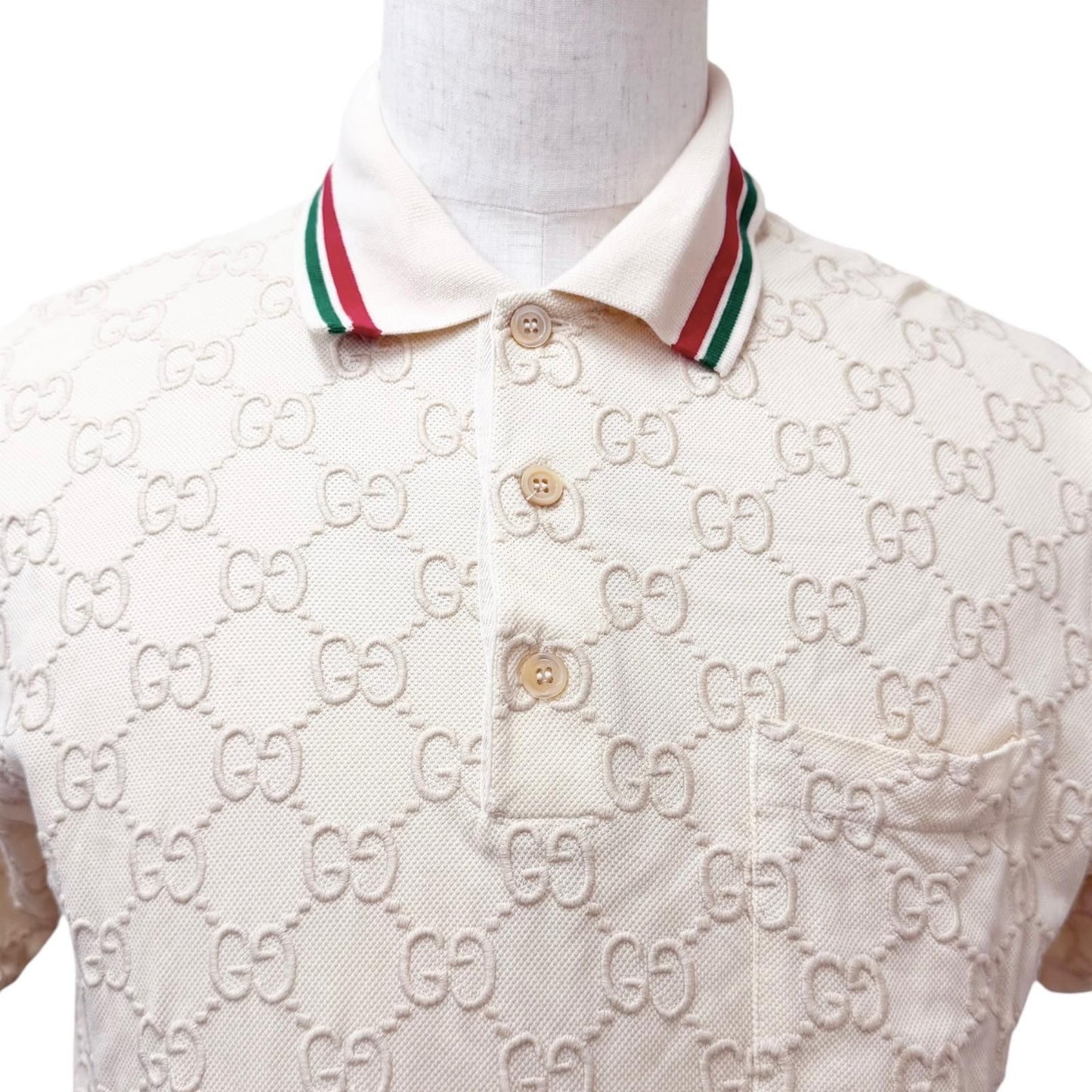 Gucci Web Stripe GG Cotton Pique Short Sleeve Polo Shirt Top Ivory XS — view 2
