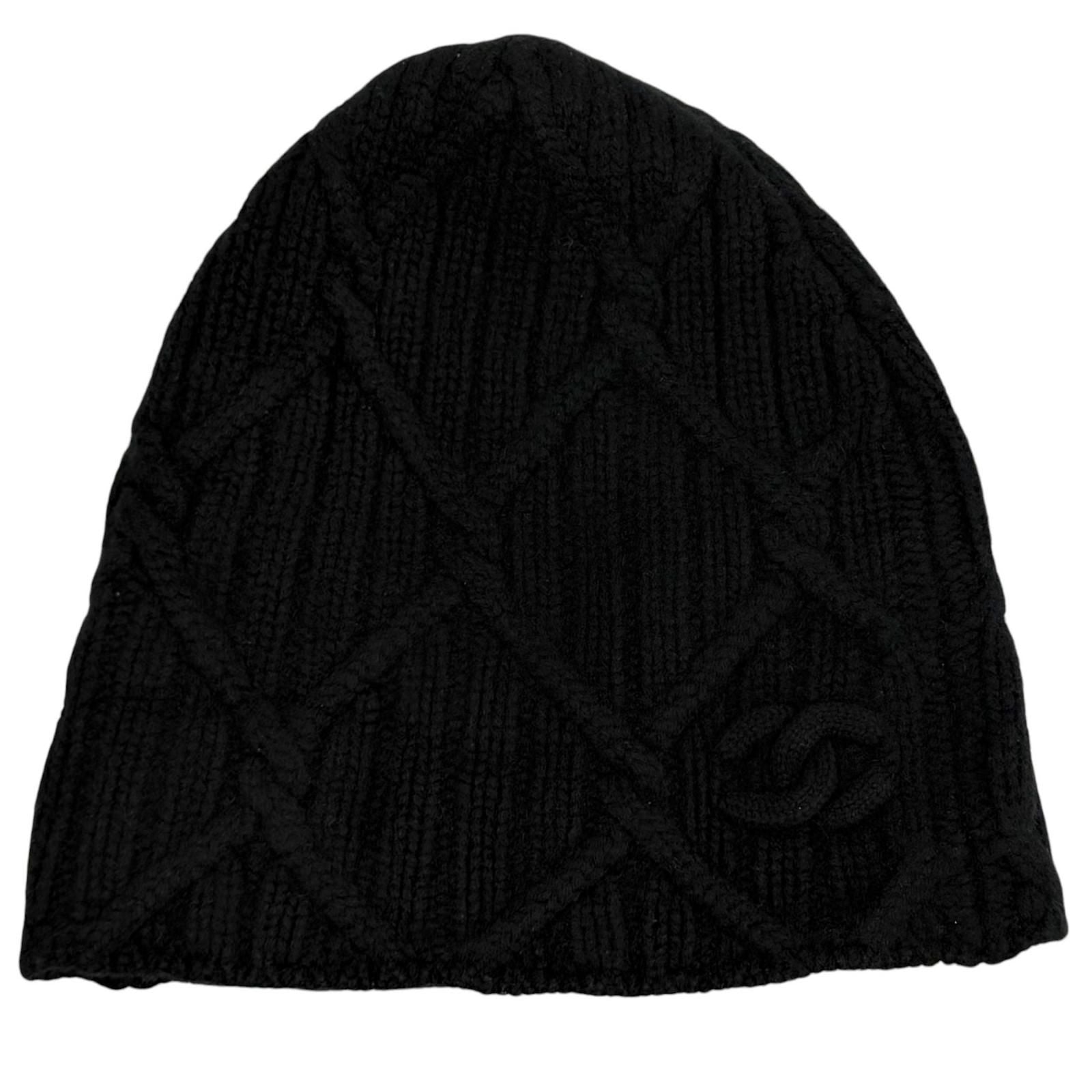 Chanel Cashmere CC Logo Knit Cap Beanie Hat Black