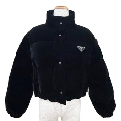 Prada Triangle Logo Velvet Cropped 2-Way Down Vest Black 36