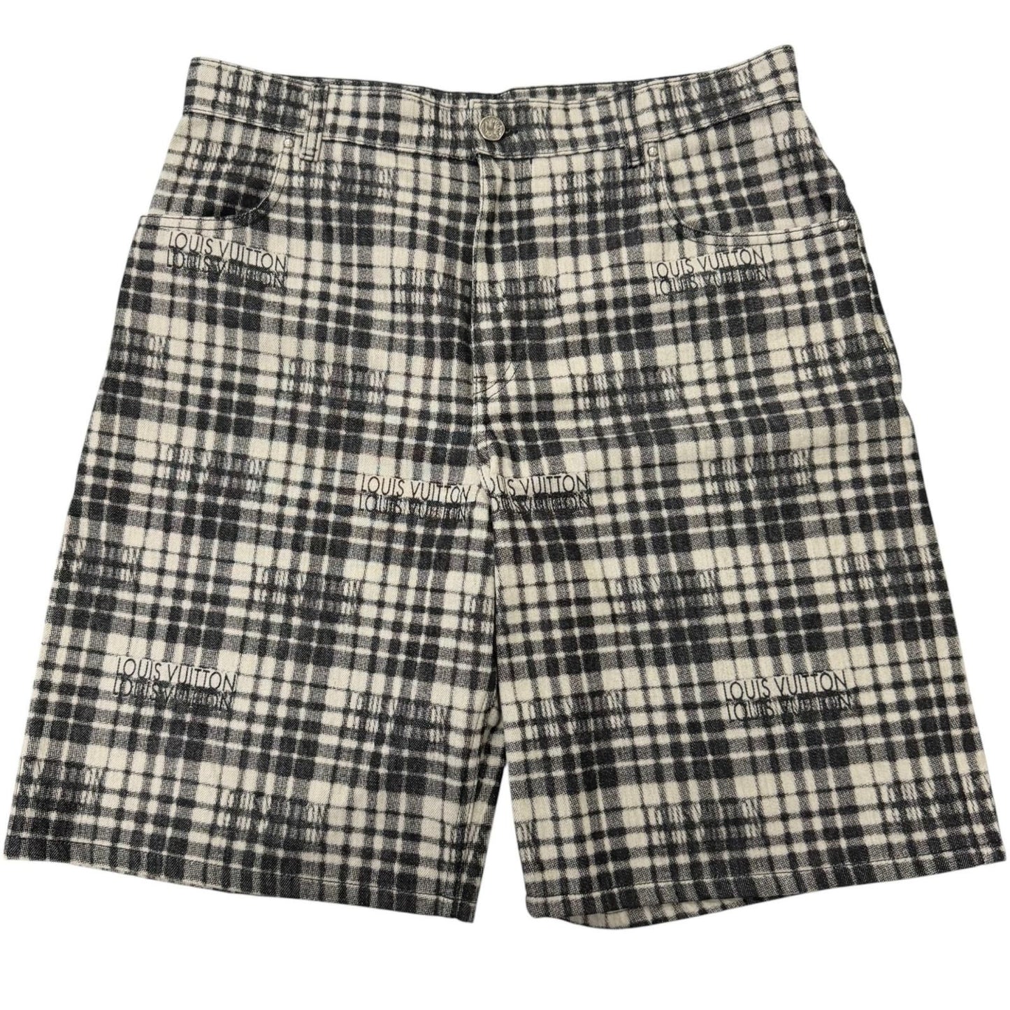 Louis Vuitton Logo Plaid Leather Patch LV Denim Shorts Gray 34