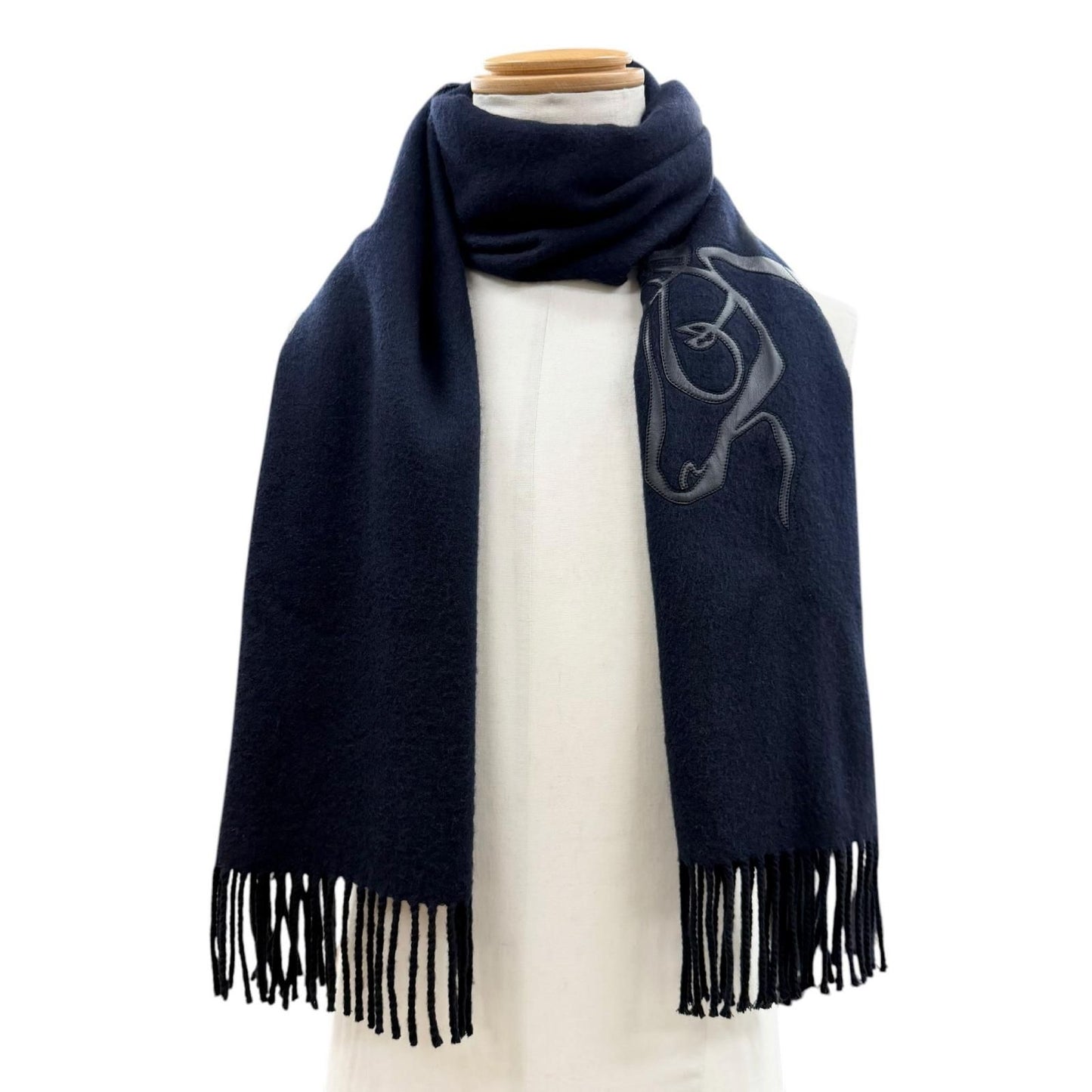 Hermes Cheval Au Tre Cashmere 100% Sheep Leather Logo Embroidery Fringe Scarf — view 2