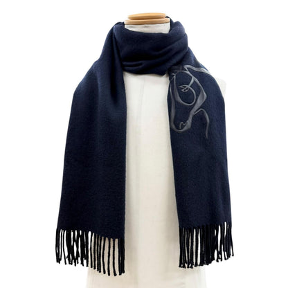 Hermes Cheval Au Tre Cashmere 100% Sheep Leather Logo Embroidery Fringe Scarf — view 2