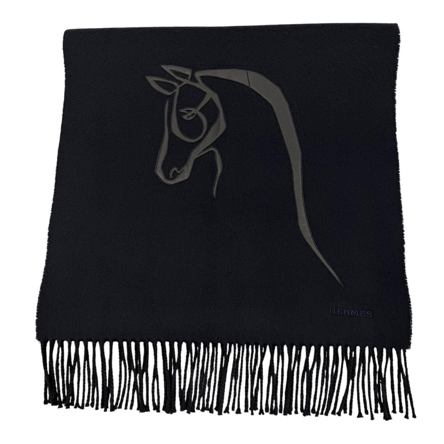 Hermes Cheval Au Tre Cashmere 100% Sheep Leather Logo Embroidery Fringe Scarf