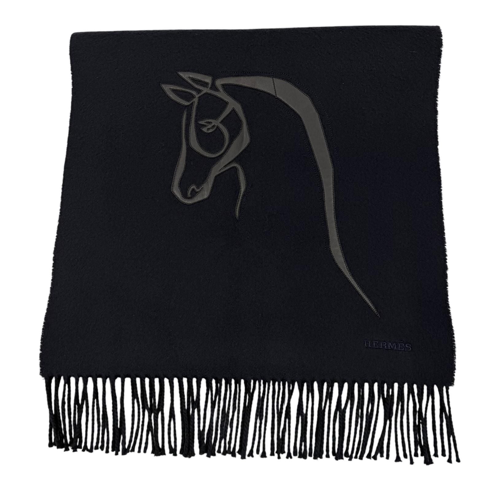 Hermes Cheval Au Tre Cashmere 100% Sheep Leather Logo Embroidery Fringe Scarf