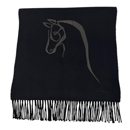 Hermes Cheval Au Tre Cashmere 100% Sheep Leather Logo Embroidery Fringe Scarf