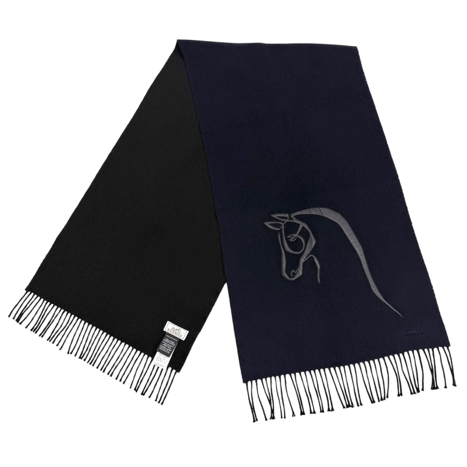 Hermes Cheval Au Tre Cashmere 100% Sheep Leather Logo Embroidery Fringe Scarf — view 3
