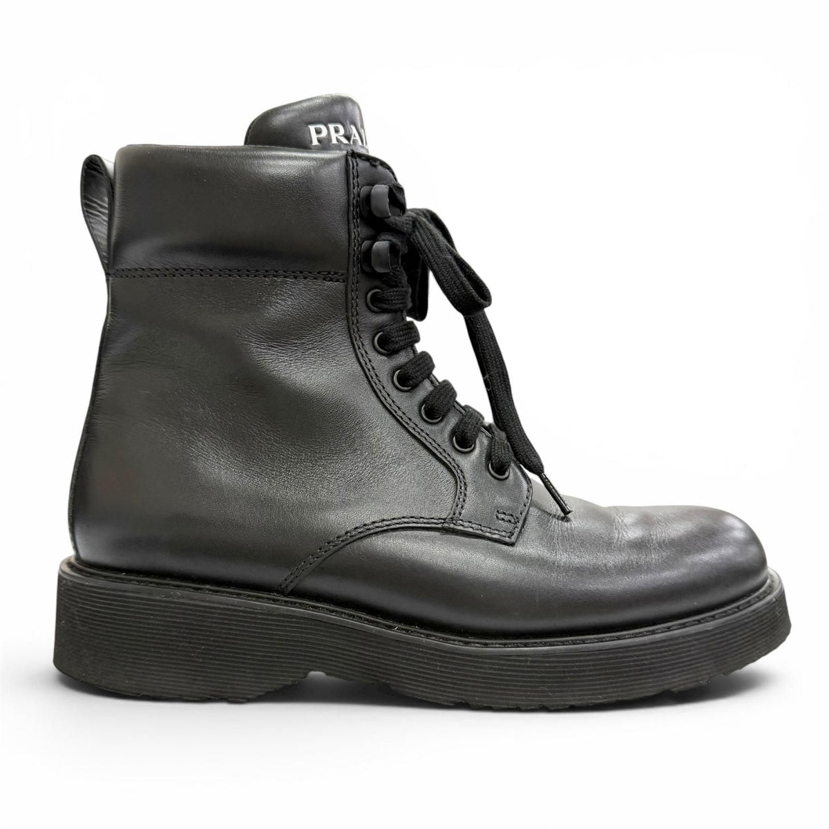 Prada Leather Logo Side Zip Lace Up Short Boots Ankle Black — view 7