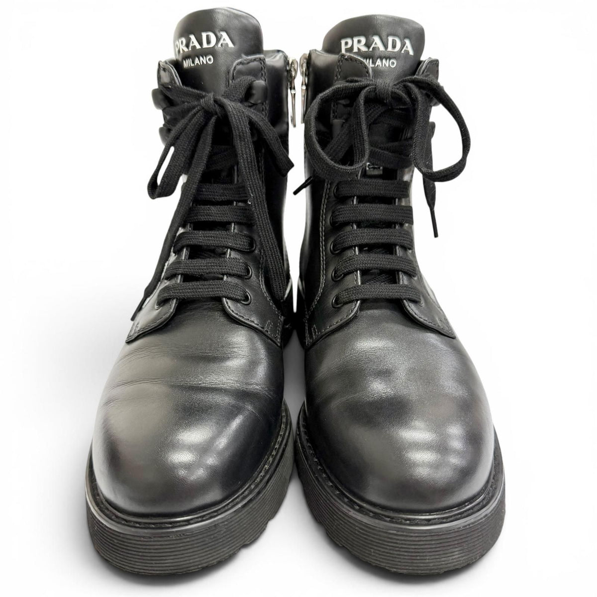 Prada Leather Logo Side Zip Lace Up Short Boots Ankle Black — view 3
