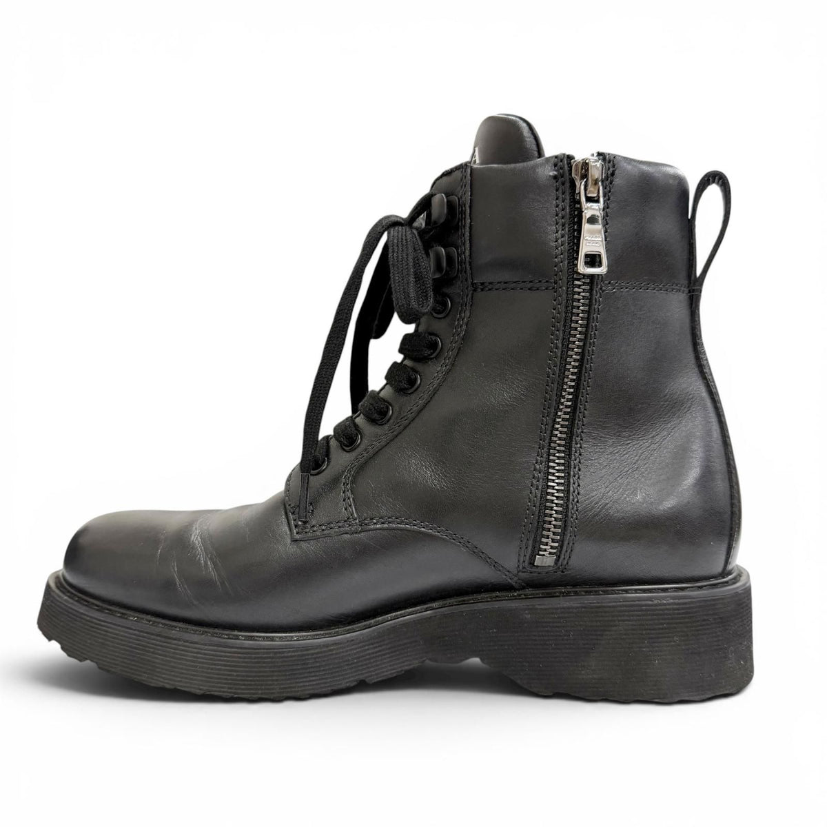 Prada Leather Logo Side Zip Lace Up Short Boots Ankle Black — view 6