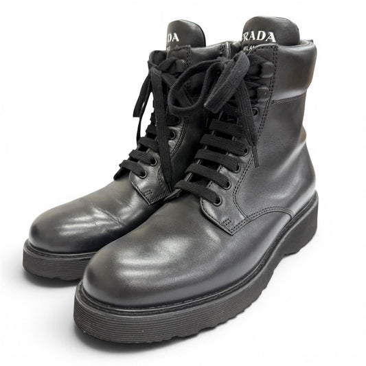 Prada Leather Logo Side Zip Lace Up Short Boots Ankle Black