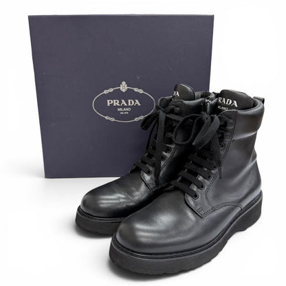 Prada Leather Logo Side Zip Lace Up Short Boots Ankle Black — view 2