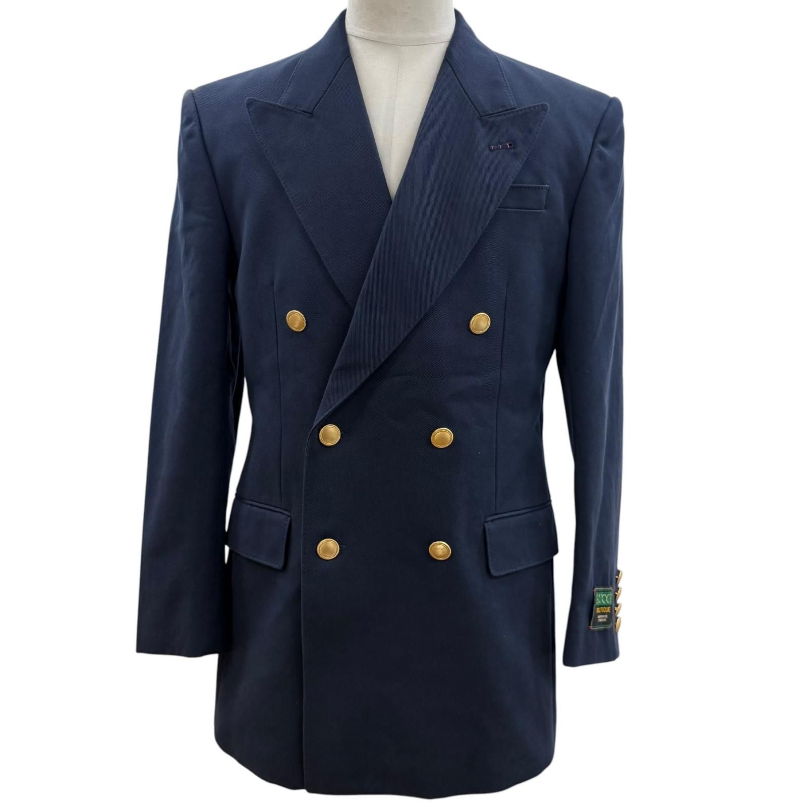 Gucci Peak Lapel Gold Button Double Breasted Navy Blazer Tailored Jacket 46