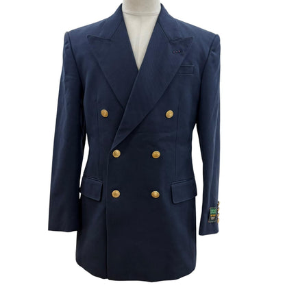 Gucci Peak Lapel Gold Button Double Breasted Navy Blazer Tailored Jacket 46