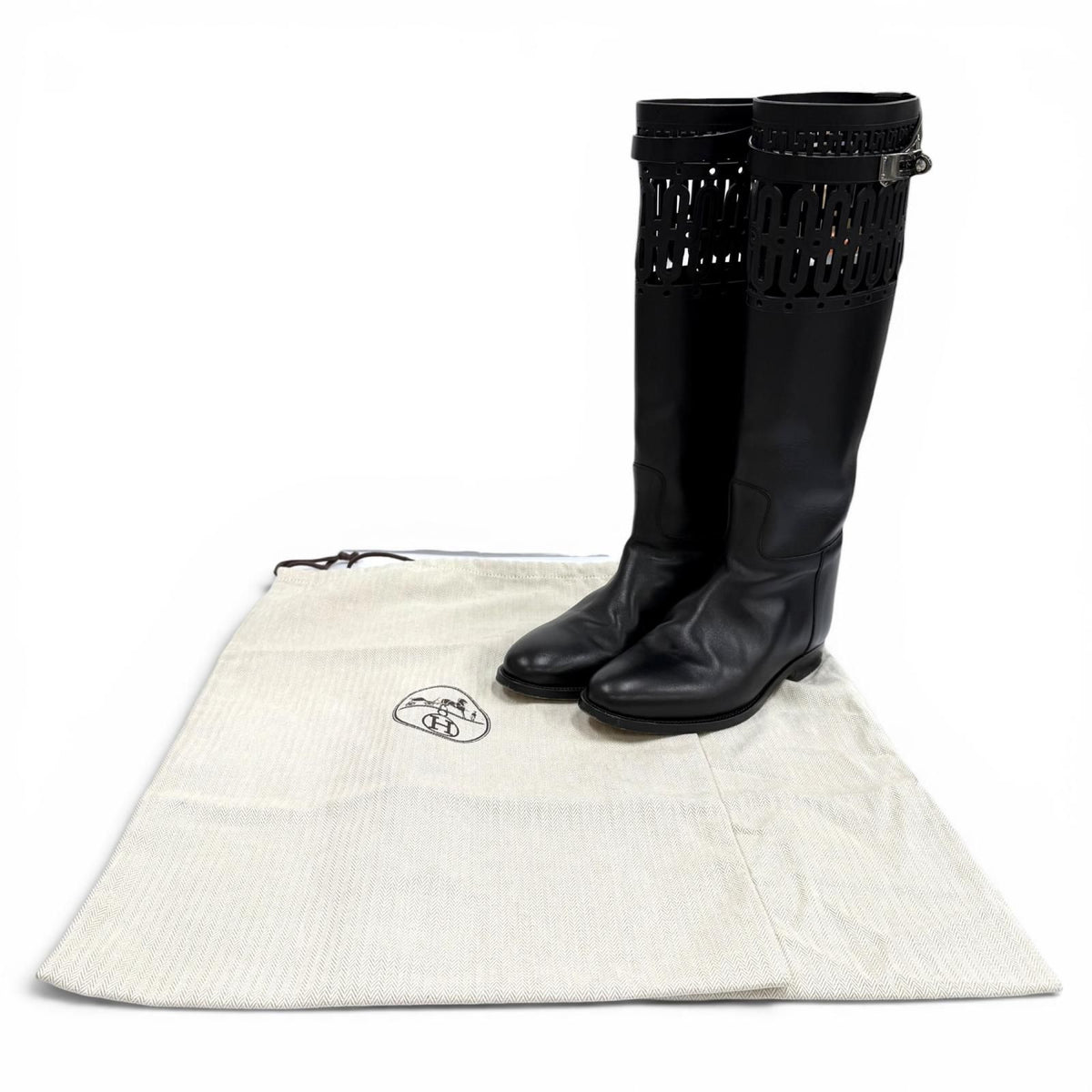 Hermes Jumping Silver Kelly Buckle Leather Long Boots Black — view 2