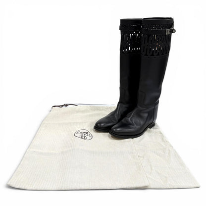Hermes Jumping Silver Kelly Buckle Leather Long Boots Black — view 2
