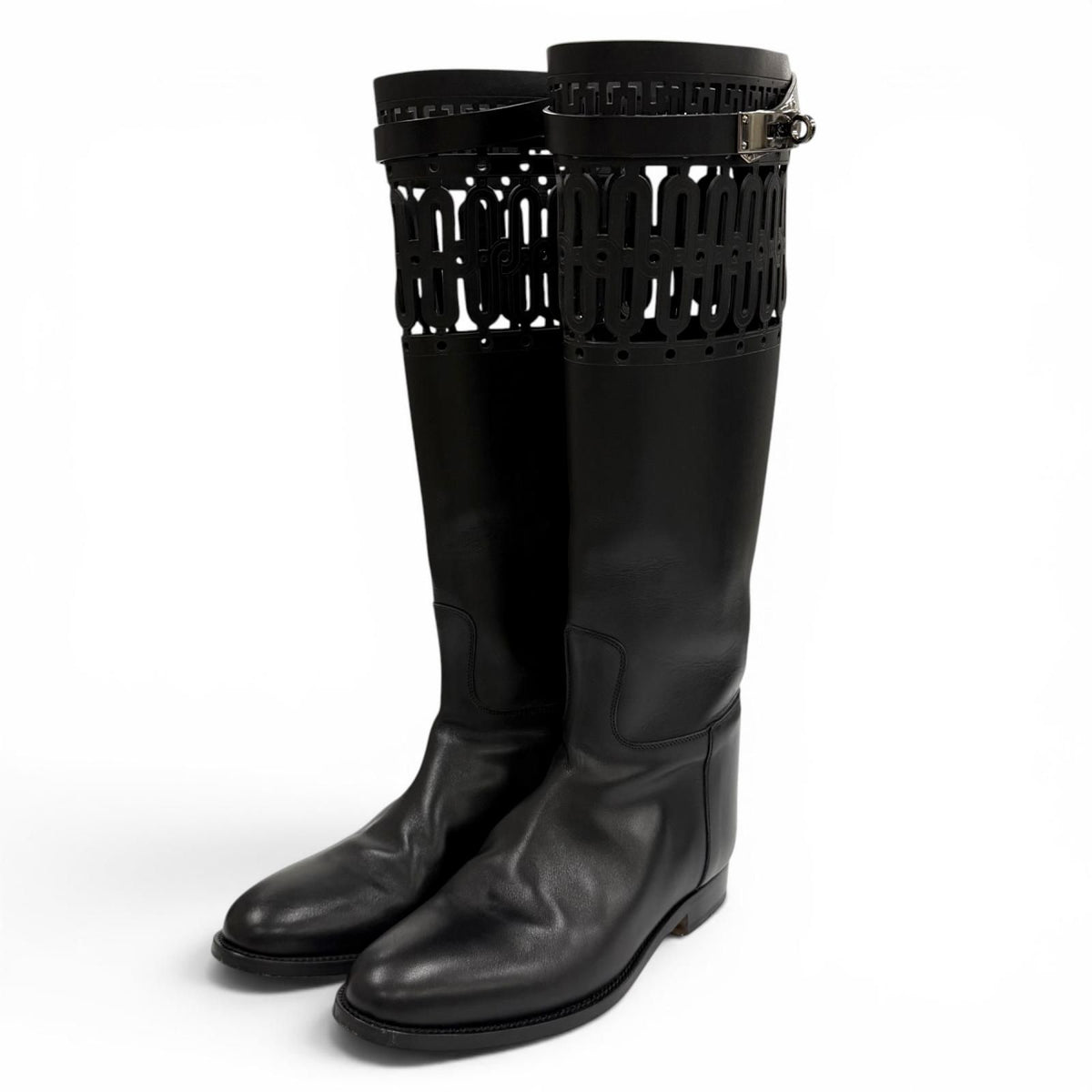 Hermes Jumping Silver Kelly Buckle Leather Long Boots Black