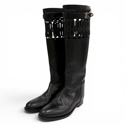 Hermes Jumping Silver Kelly Buckle Leather Long Boots Black