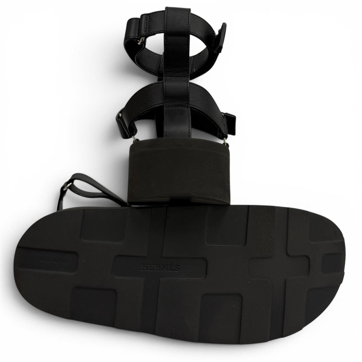 Hermes Enid Silver Velcro Leather Sandals Platform Black — view 4