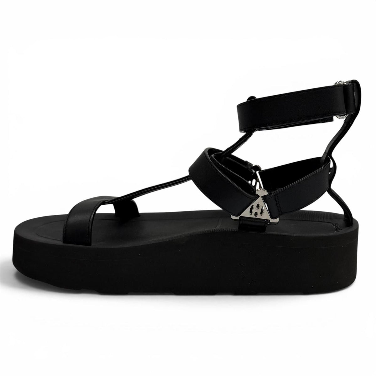Hermes Enid Silver Velcro Leather Sandals Platform Black — view 5