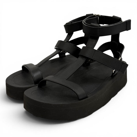 Hermes Enid Silver Velcro Leather Sandals Platform Black