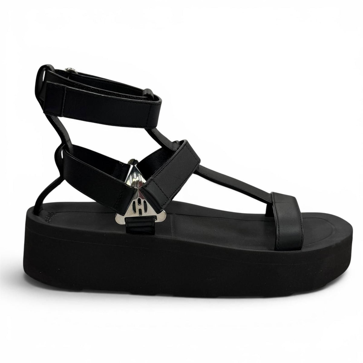 Hermes Enid Silver Velcro Leather Sandals Platform Black — view 6